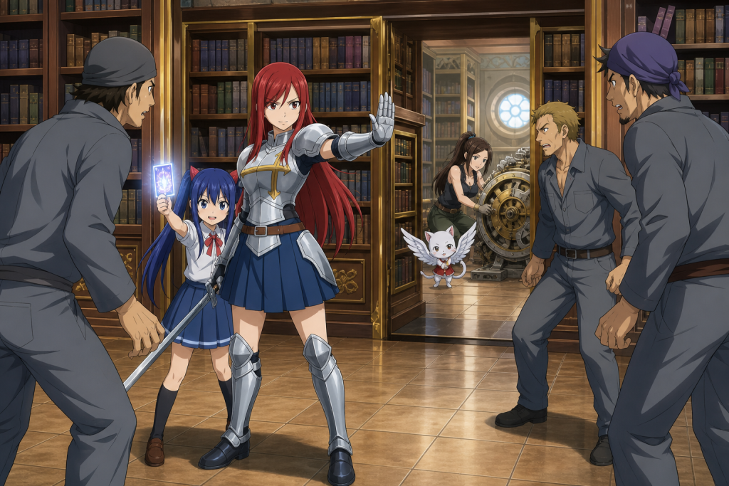 Erza and Wendy distract library intruders while Cana and Carla find a clock component in Fairy Tail Episode 136