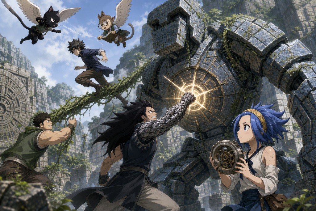 Gajeel and Shadow Gear adapt against a stone guardian while Panther Lily battles Samuel in Fairy Tail Episode 137