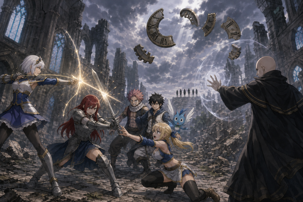 Coco deflects Byro's Divine Arrow as Erza protects Fairy Tail and the clock components begin assembling in Episode 139