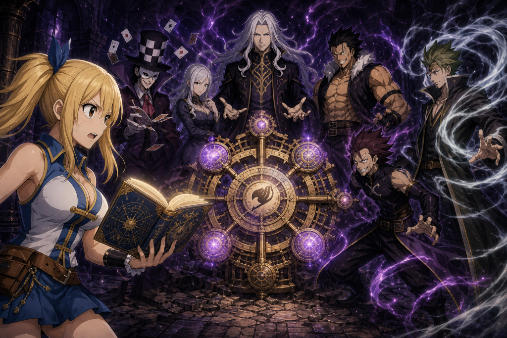 Lucy faces Brain II and the six-member reborn Oración Seis around the completed Infinity Clock in Fairy Tail Episode 140