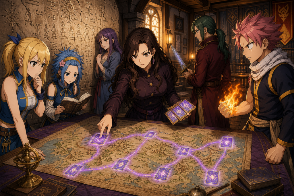 Cana maps the hunt for the Infinity Clock as Lucy, Levy, Freed, Natsu, and Kinana study ancient writing in the Fairy Tail guild hall