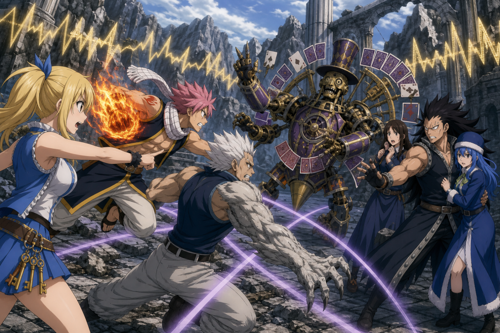 Lucy directs Natsu and Elfman against Jackpot while Gajeel and Juvia protect Mary Hughes in Fairy Tail Episode 142
