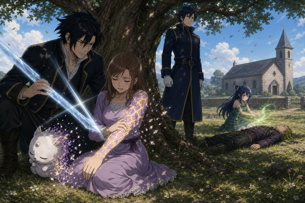 Katja's Anti-Link patterns dissolve as Doranbolt and Lahar protect her while Wendy heals Erigor in Fairy Tail Episode 143