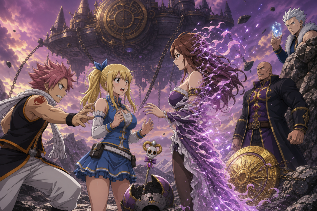 Lucy faces Imitatia's dissolving Michelle disguise as Natsu and Byro react beneath the transformed Infinity Clock in Fairy Tail Episode 144