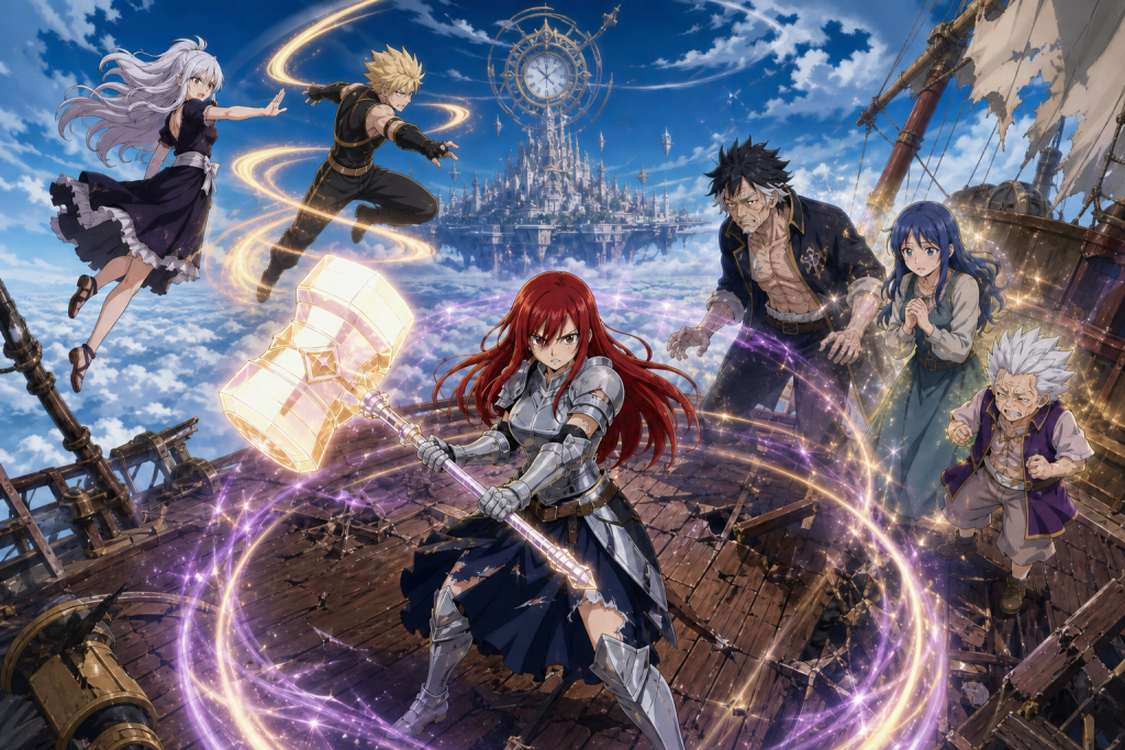 Erza uses the Holy Hammer to restore Gray, Wendy, and Elfman aboard Christina while Mirajane confronts Racer in Fairy Tail Episode 146