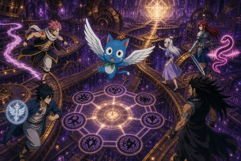 Happy maps six ownership seals as Natsu, Erza, Gray, Gajeel, and Coco enter the Infinity Castle to rescue Lucy