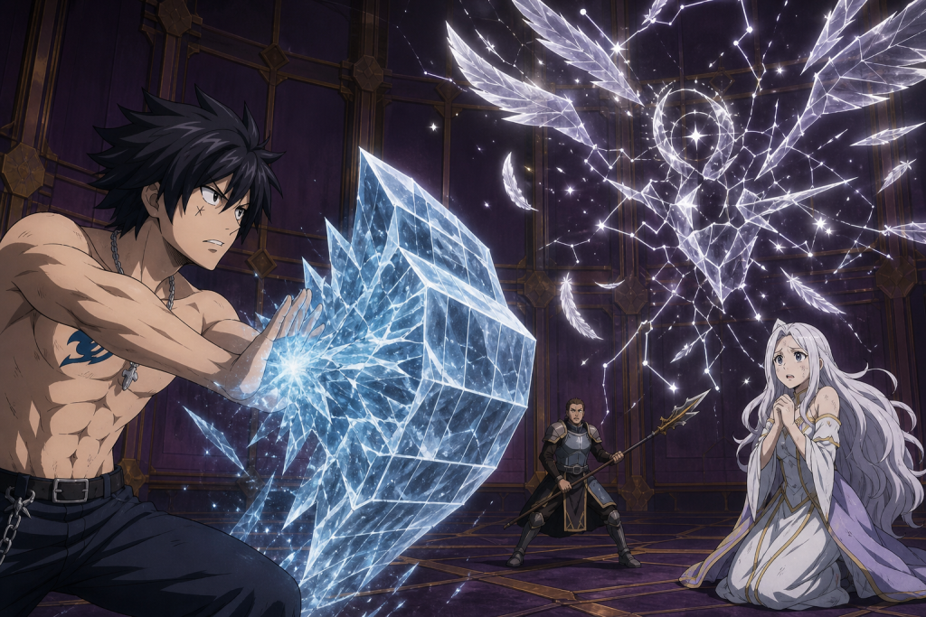Gray and Dan confront Angel's dangerous celestial magic while Lucy remains trapped in the Infinity Clock in Fairy Tail Episode 148