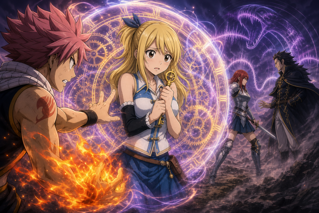Lucy hears her friends from inside the Infinity Clock while Natsu reaches toward her in Fairy Tail Episode 149