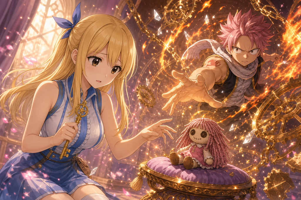 Lucy reaches toward the remembered doll Michelle as Natsu breaks through the Infinity Clock in Fairy Tail Episode 150
