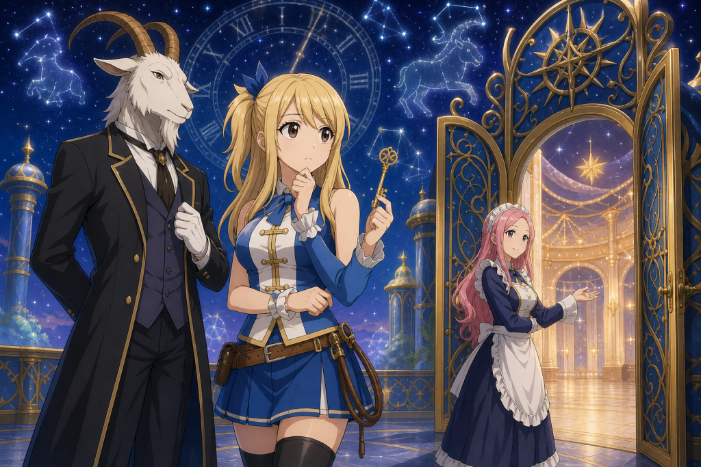 Lucy and Capricorn stand beneath the Celestial Spirit World stars as a magical clock motif warns of lost training time in Fairy Tail Episode 153
