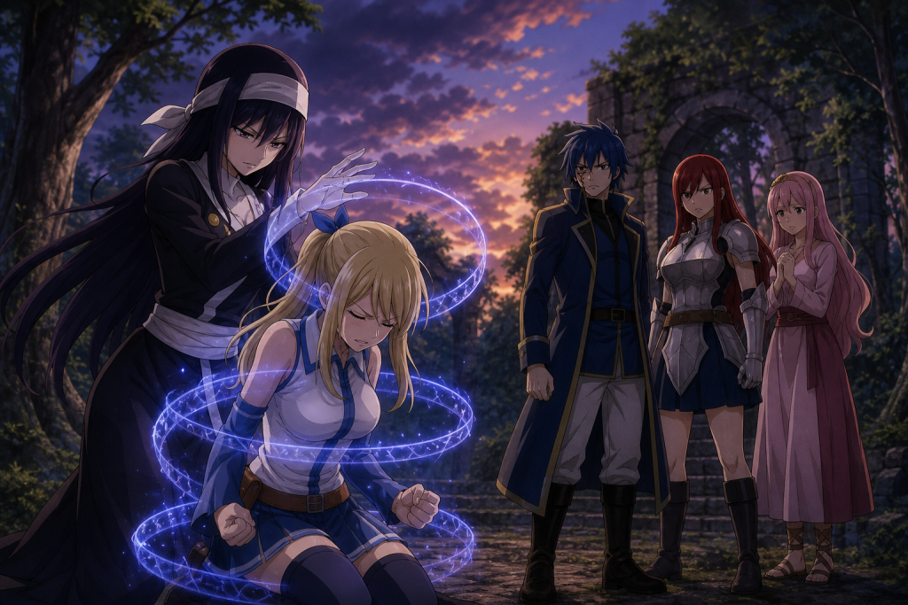 Ultear unlocks Second Origin for Lucy as Jellal, Erza, and Meredy stand nearby in Fairy Tail Episode 154