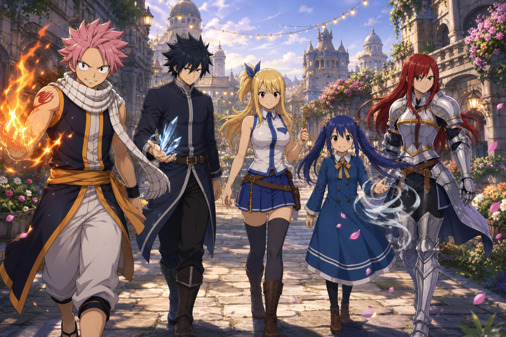 Natsu, Gray, Lucy, Wendy, and Erza arrive beneath the flower-lined streets of Crocus for the Grand Magic Games in Fairy Tail Episode 155