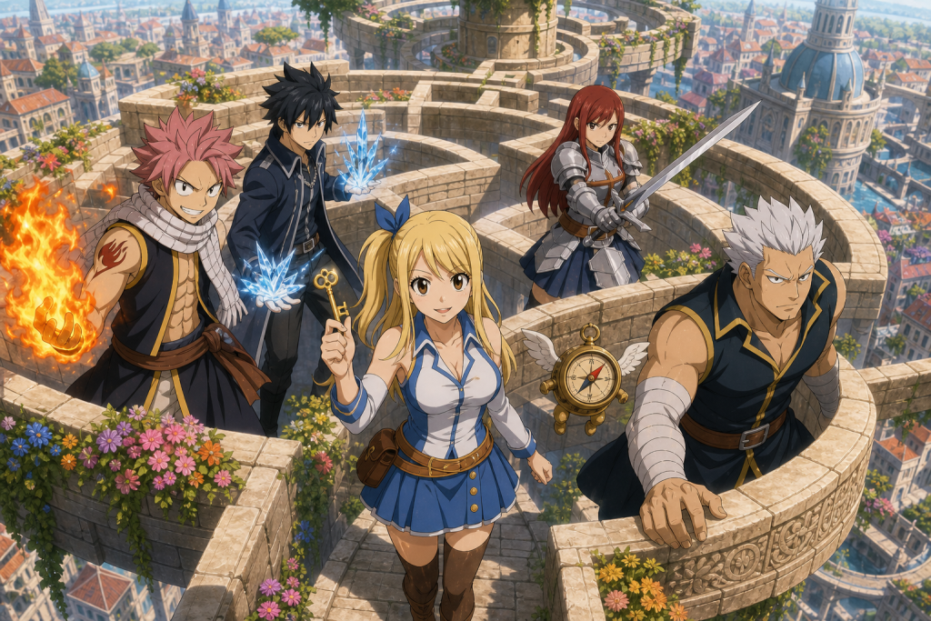 Lucy guides Natsu, Gray, Erza, and Elfman through the rotating Sky Labyrinth in Fairy Tail Episode 156