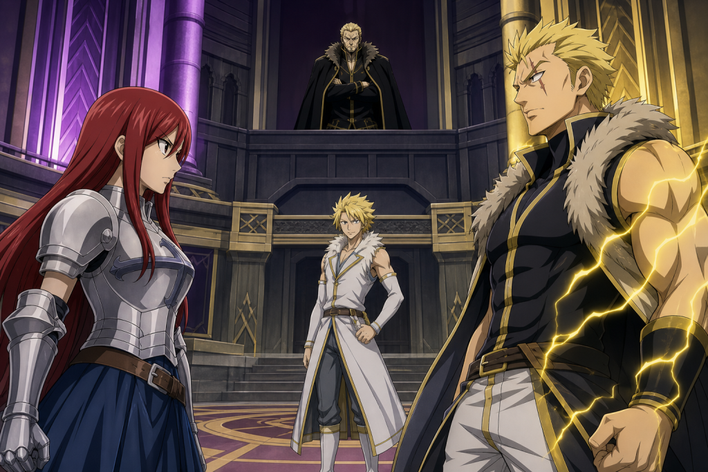 Fairy Tail Teams A and B face Sabertooth and Raven Tail during the Grand Magic Games opening ceremony in Episode 157