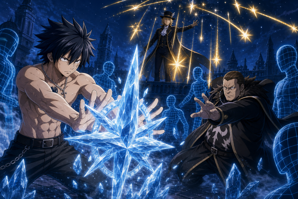 Gray faces Nalpudding among magical copies as Rufus casts falling-star Memory-Make over Hidden in Fairy Tail Episode 158