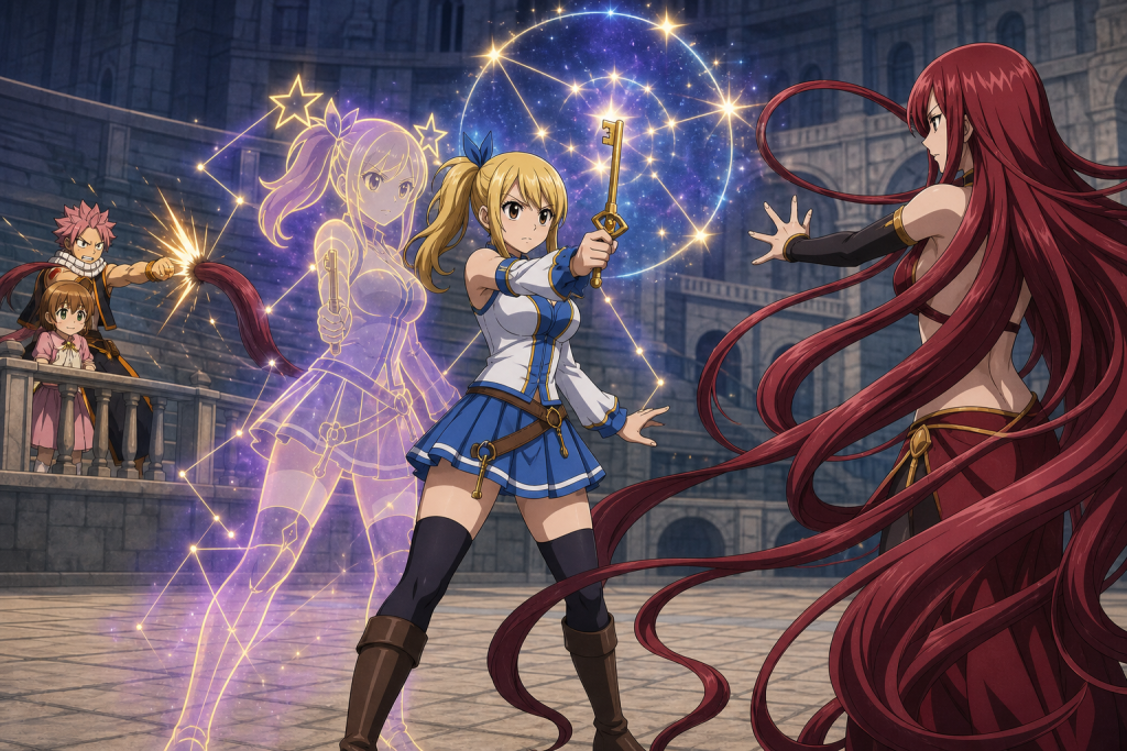 Lucy summons Gemini for Urano Metria against Flare while Natsu protects Asuka in Fairy Tail Episode 159