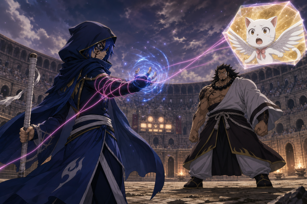 Jellal disguised as Mystogan facing Jura in the Grand Magic Games arena while Carla's ominous vision appears in a magical inset