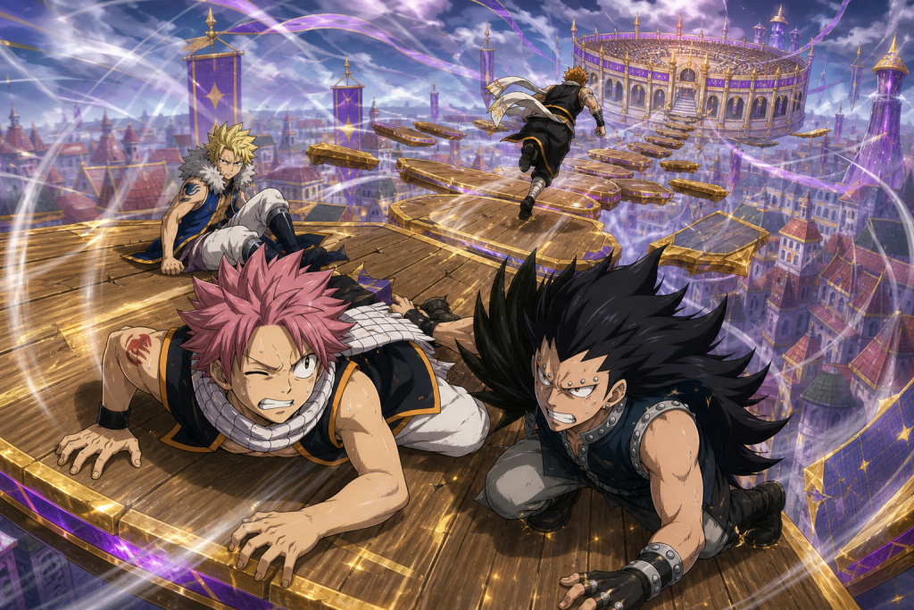 Natsu and Gajeel fighting motion sickness across moving Chariot platforms while Sting stops behind them and Bacchus races toward Crocus