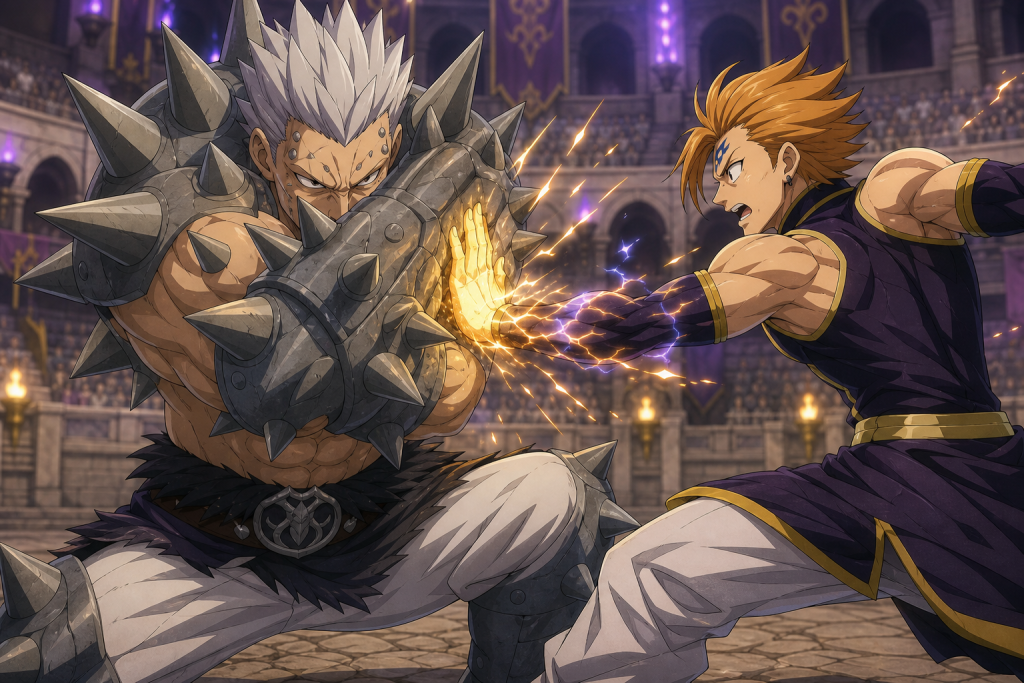 Elfman in a defensive spiked Beast Soul bracing against Bacchus's glowing palm strike in the Grand Magic Games arena