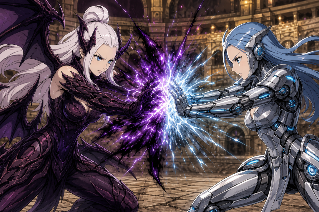 Mirajane in Satan Soul Sitri facing Jenny in Machina Soul battle armor inside the Grand Magic Games arena
