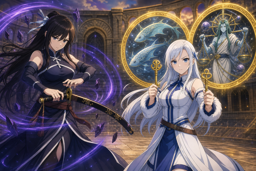 Kagura holding her sheathed sword against Yukino as Libra and Pisces appear through Celestial Spirit gates in the Grand Magic Games arena