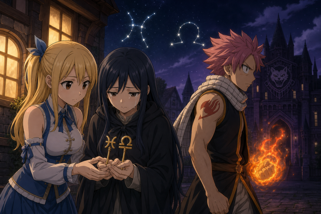 Lucy gently closing Yukino's hands around the Pisces and Libra keys outside Fairy Tail's lodging while Natsu turns toward Sabertooth