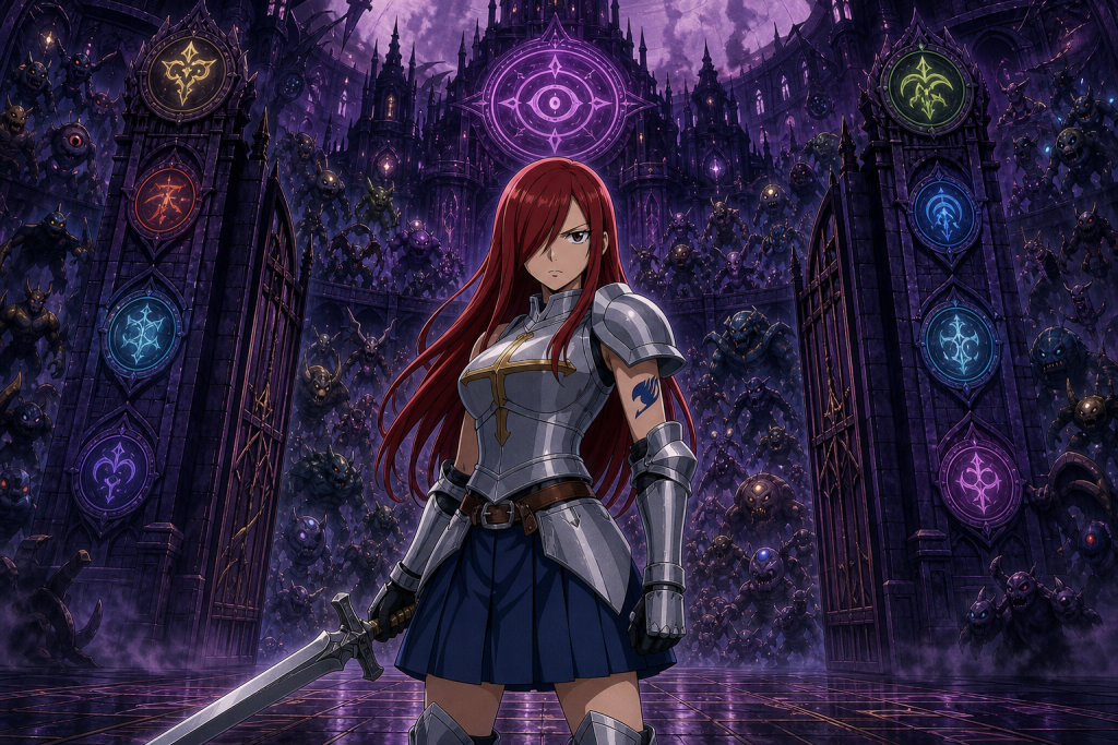 Erza standing before the magical Pandemonium castle as silhouettes of 100 ranked monsters gather behind its gates
