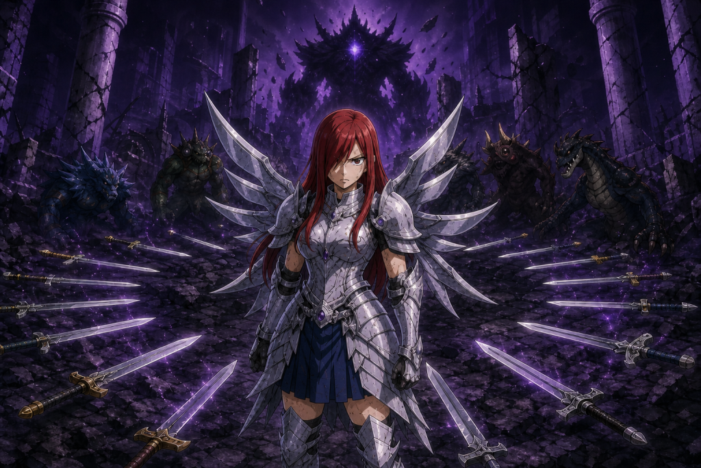 Battle-worn Erza in Heaven's Wheel Armor directing an organized sword array against the final monsters inside Pandemonium