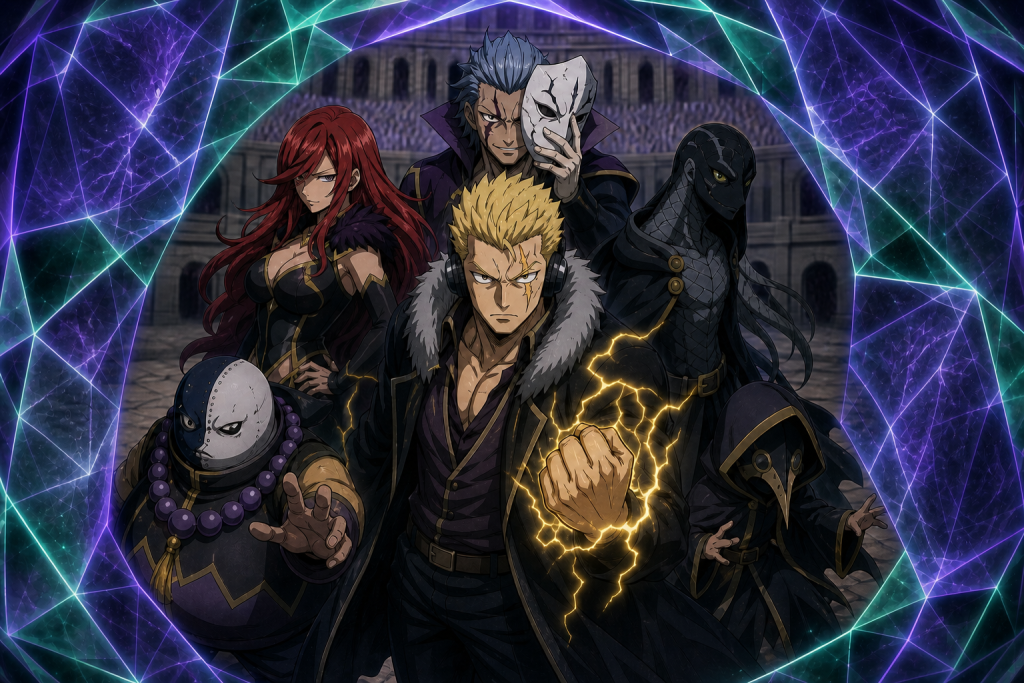 Laxus surrounded by Ivan and four Raven Tail mages inside a fractured illusion barrier in the Grand Magic Games arena