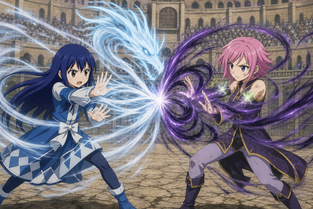 Wendy and Sherria facing each other with pale Sky Dragon wind and dark Sky God wind colliding in the Grand Magic Games arena