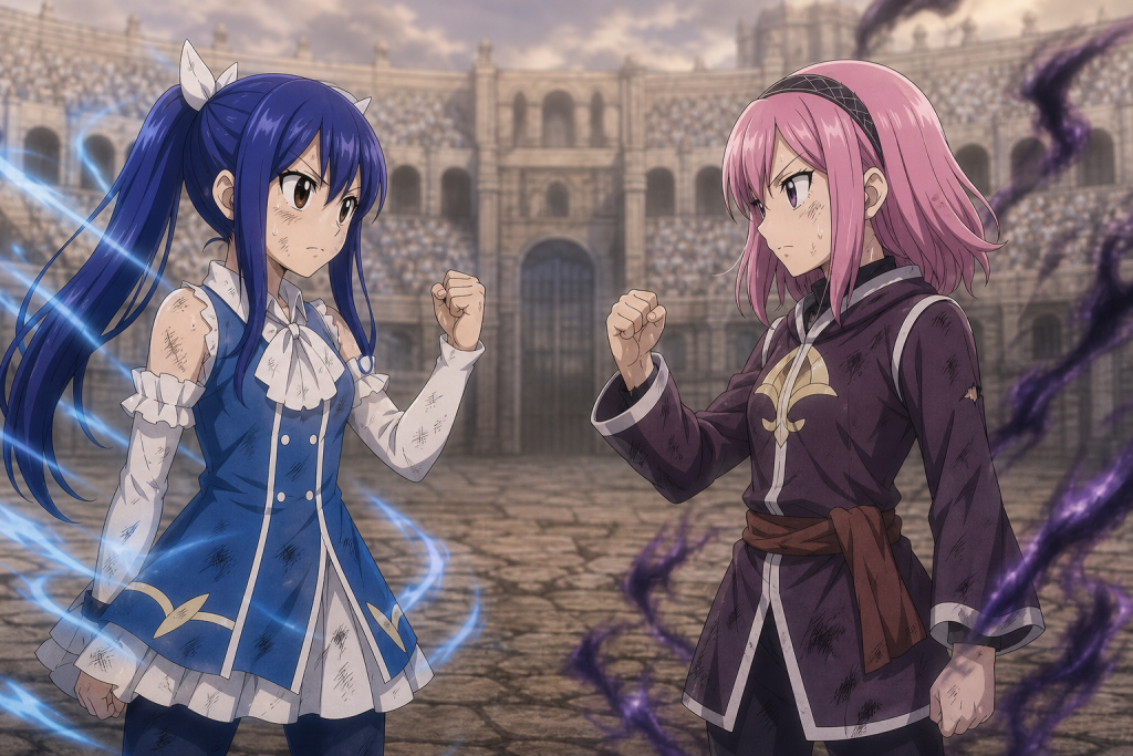 Wendy Marvell and Sherria Blendy facing each other with pale and dark wind magic in the Grand Magic Games arena