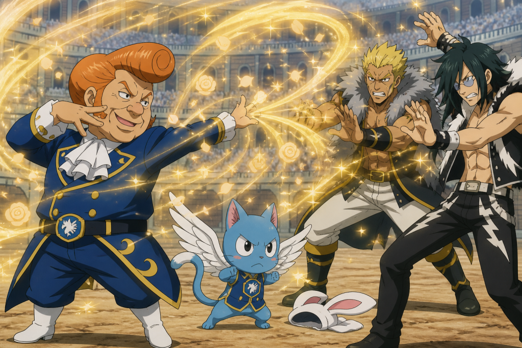 Ichiya and Nichiya posing with golden perfume magic as Bacchus and Rocker face them in the Grand Magic Games arena