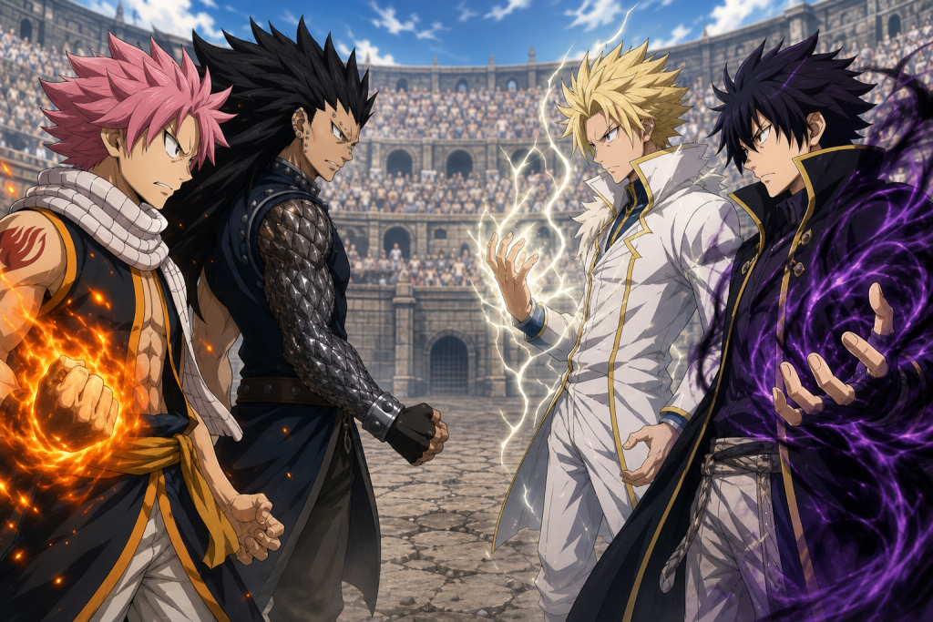 Natsu and Gajeel facing Sting and Rogue as fire, iron, white, and shadow Dragon Slayer magic meet in the Grand Magic Games arena