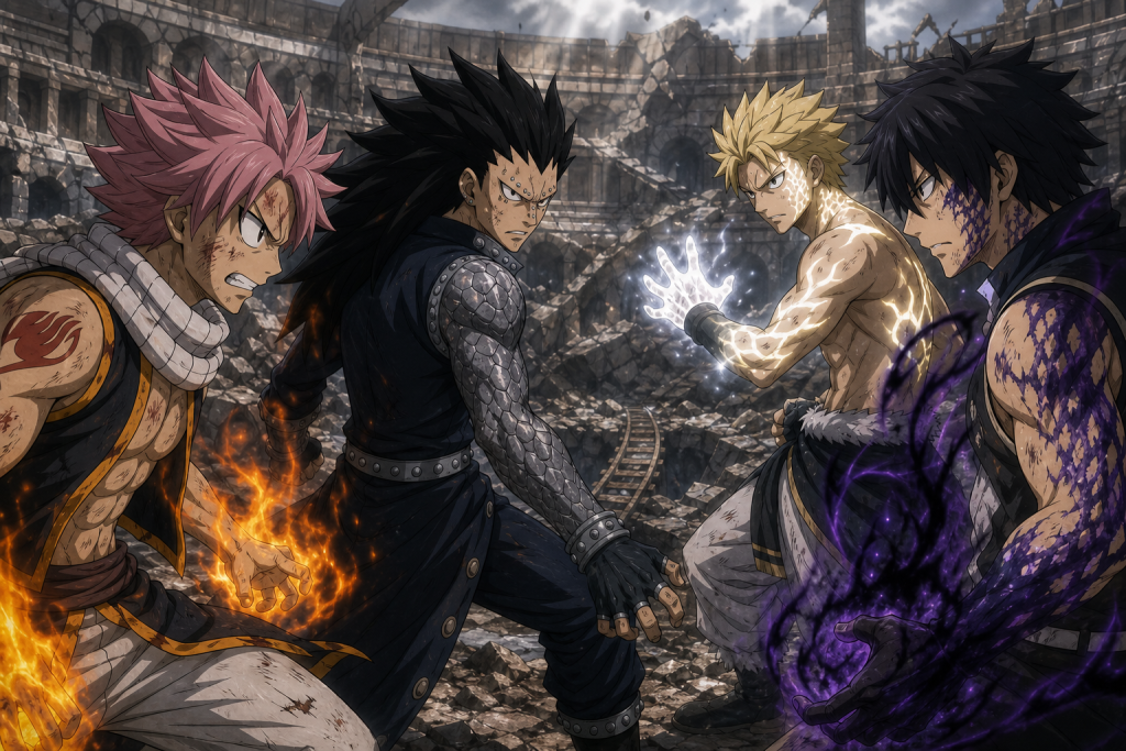 Sting and Rogue in Dragon Force facing Natsu and Gajeel in the collapsed Grand Magic Games arena