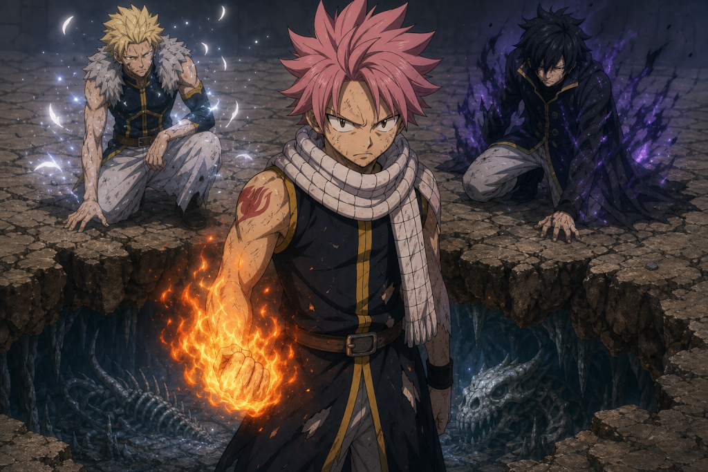 Natsu standing after defeating Sting and Rogue while the dragon graveyard glows beneath the Grand Magic Games arena