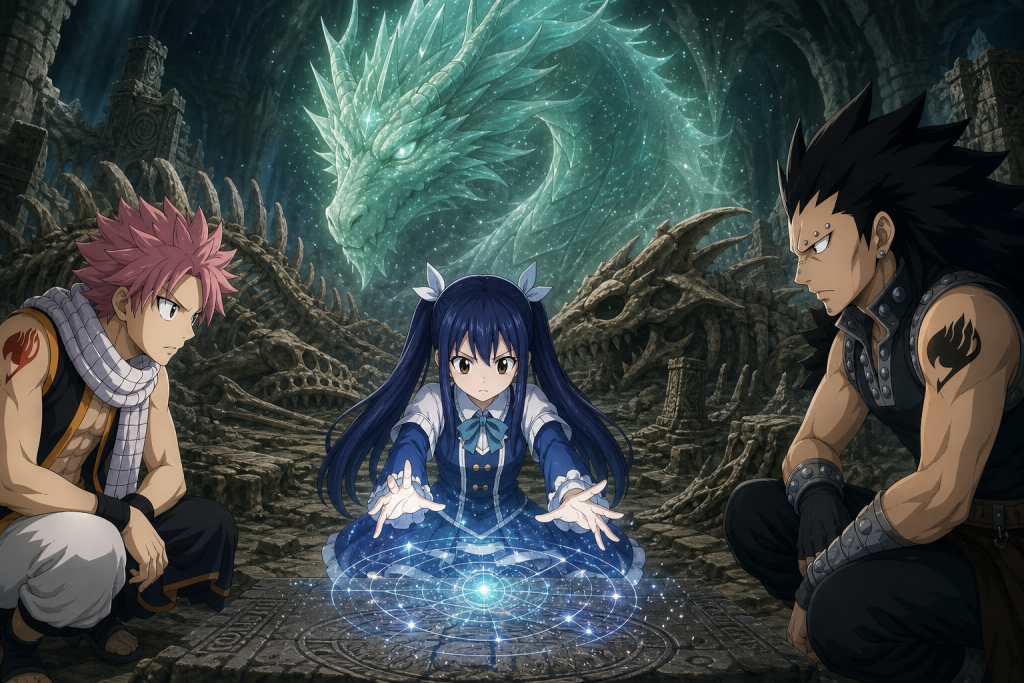 Wendy uses Milky Way to summon Zirconis in the underground dragon graveyard while Natsu and Gajeel watch
