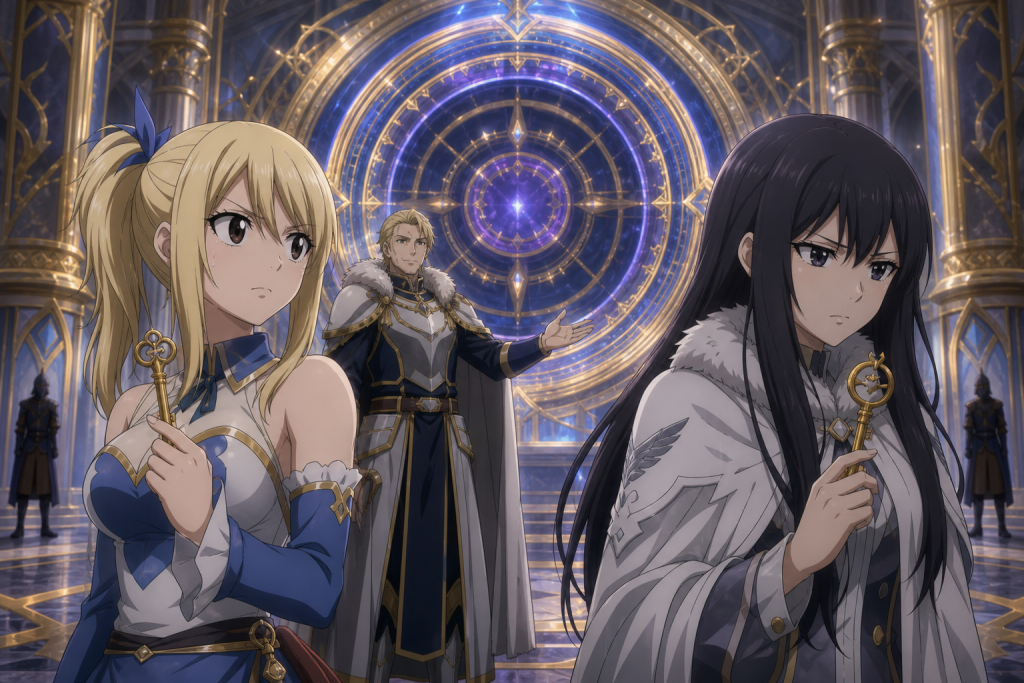 Lucy and Yukino face the immense Eclipse Gate as Arcadios explains the project inside Mercurius