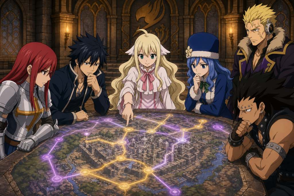 Mavis directs Erza, Gray, Juvia, Gajeel, and Laxus across a magical map of Crocus during the final Grand Magic Games event