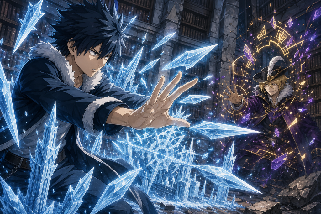 Gray rapidly creates a dense field of Ice-Make blades while Rufus struggles to memorize the changing spell inside the Crocus library