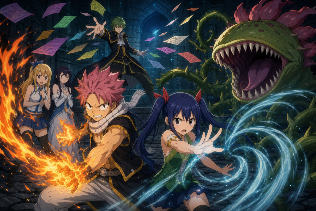 Natsu and Wendy defend Lucy and Yukino as Kamika's magic paper and Cosmos's carnivorous plant fill the Abyss Palace