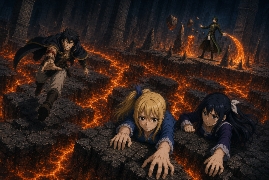 Lucy and Yukino cling above Uosuke's lava terrain as injured Arcadios runs toward them inside the Abyss Palace