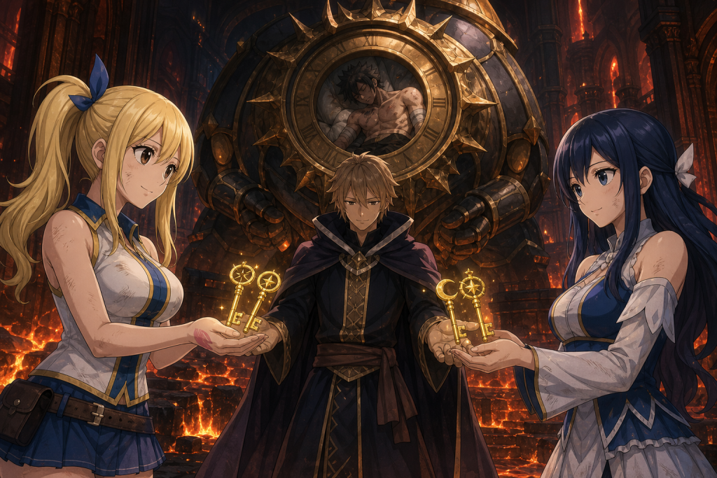 Loke returns the golden keys to Lucy and Yukino as Horologium protects Arcadios above Uosuke's lava terrain