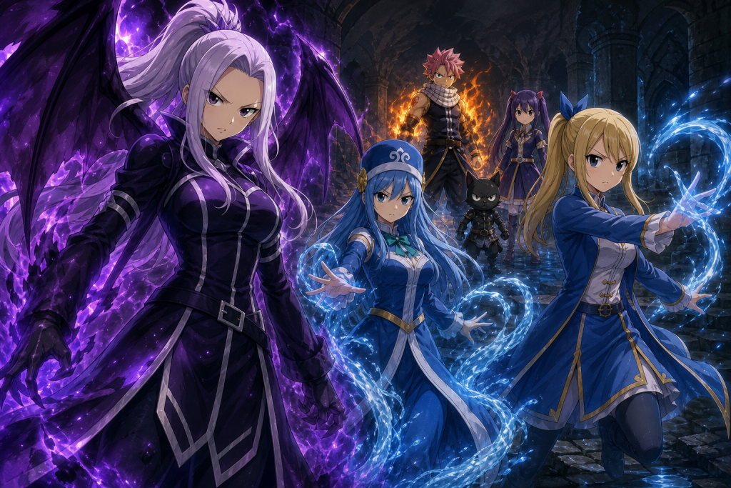 Mirajane in Satan Soul and Aquarius beside Lucy lead the reunited Fairy Tail rescue team after defeating the Garou Knights