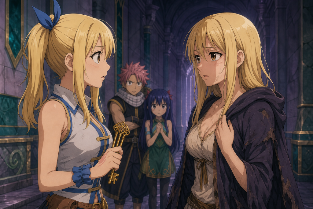 Current Lucy faces a crying hooded woman with the same face as the rescue team watches inside Mercurius