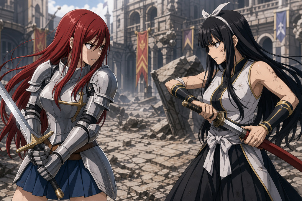 Erza Scarlet blocks Kagura Mikazuchi as Kagura begins drawing Archenemy in ruined Crocus