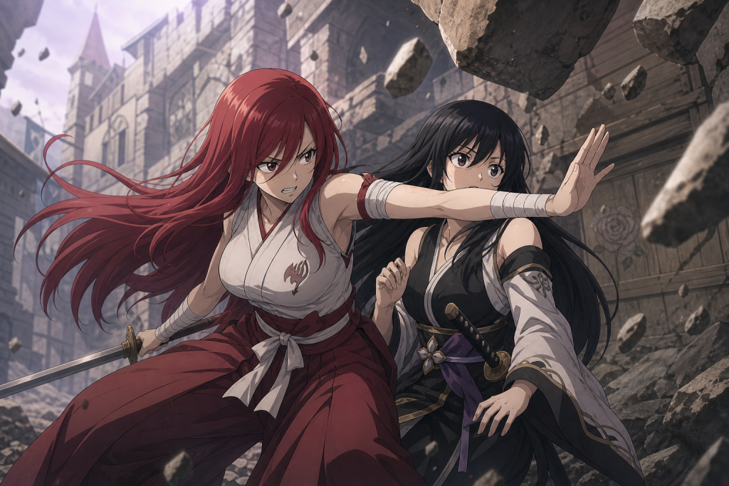 Erza Scarlet shields Kagura Mikazuchi from falling Crocus stone as Kagura recognizes her childhood rescuer