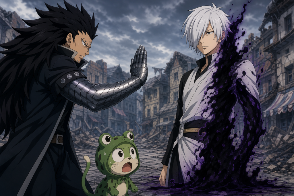 Gajeel Redfox faces shadow-possessed Rogue Cheney while Frosch recognizes something is wrong