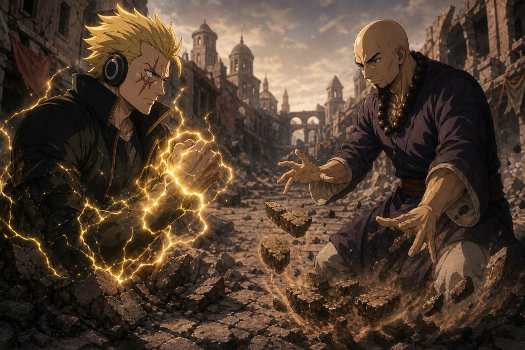 Laxus Dreyar rises with lightning around his fist as Jura Neekis braces in a damaged Crocus street
