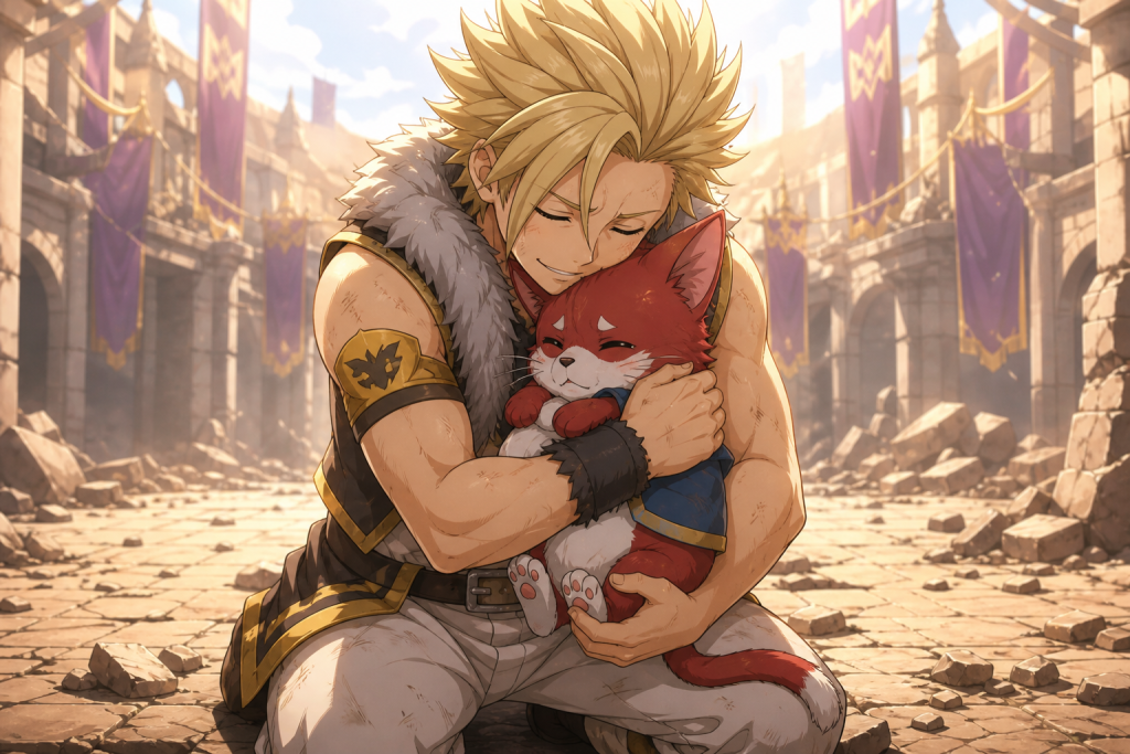 Sting Eucliffe kneels and embraces Lector after choosing not to attack the injured Fairy Tail team