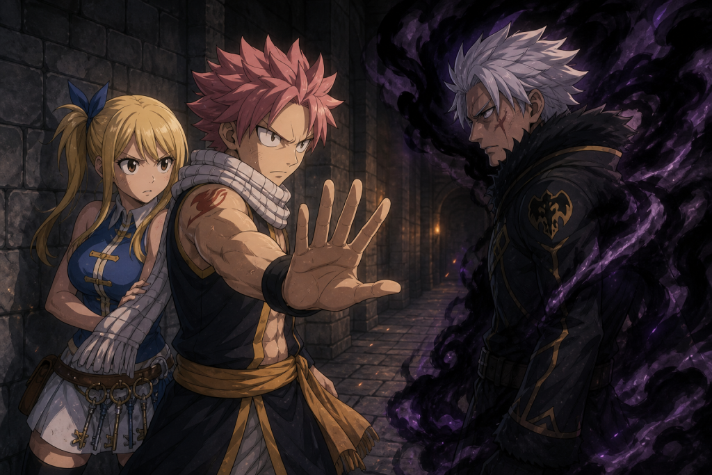 Natsu shields Lucy as Future Rogue emerges from a single dark shadow inside Mercurius